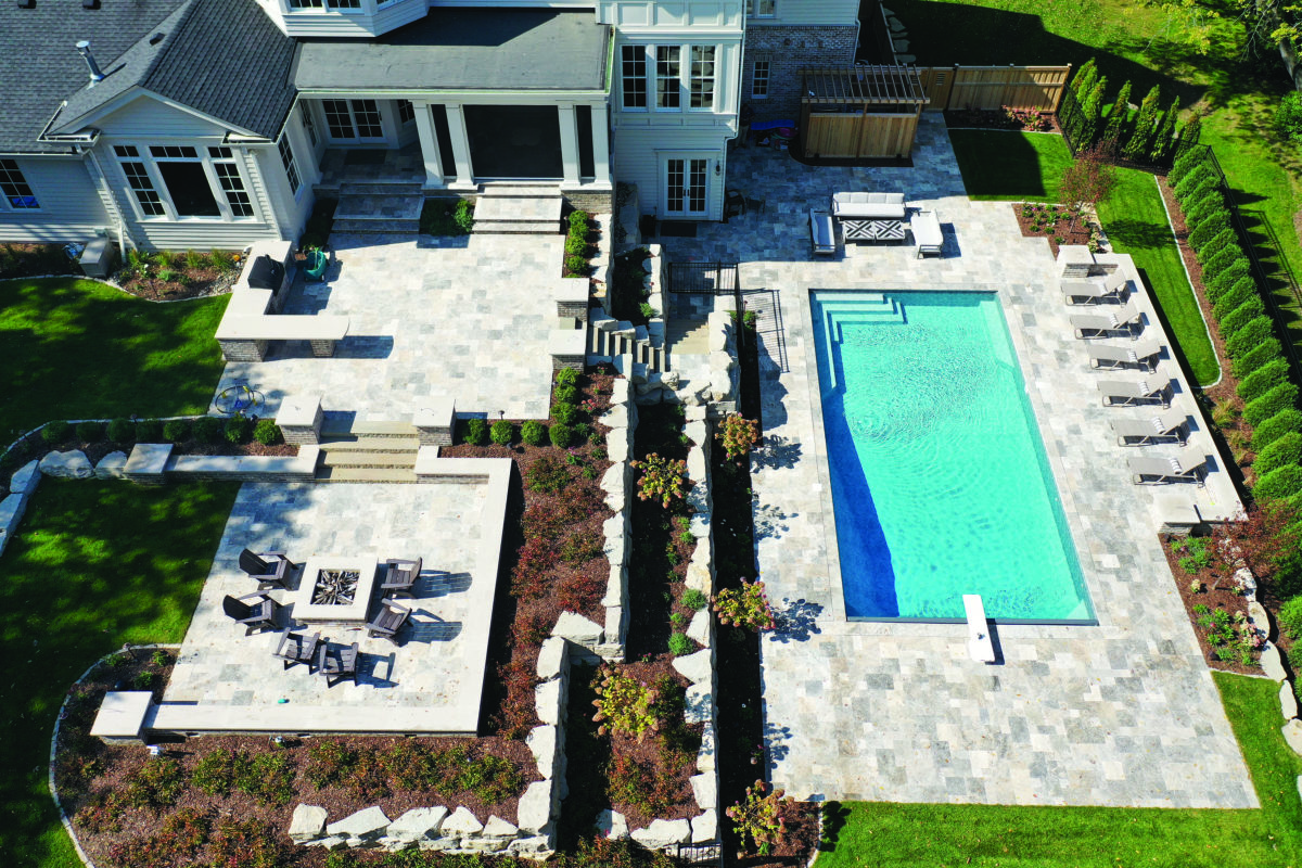 Ariel photo of new pool and patios in edina mn