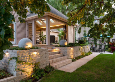 Backyard Landscape Design and Construction with Lit Retaining Wall