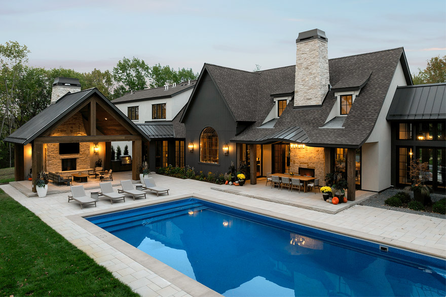 Long Lake Minnesota Custom Landscaping with Pool, Fire Feature, Outdoor Kitchen and Patios