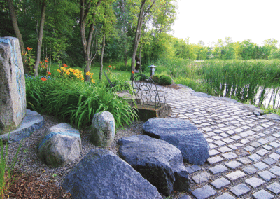 Meditation Patio Overlooking wetlands with granite japanese lantern After