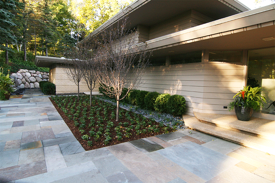Mid-Century Modern Front Entry Remodel with Minimal Plants and Bluestone Patio, and Boulder Retaining Wall